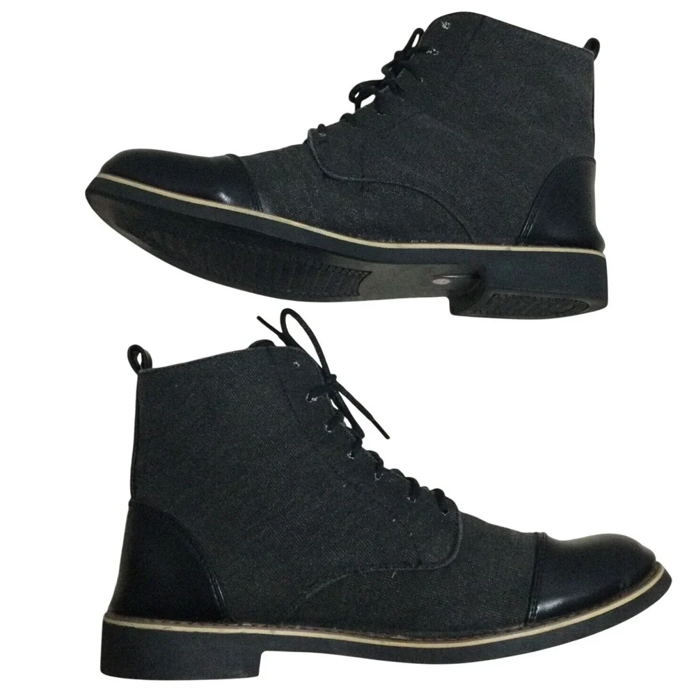 Mens Black Canvas Leather Cap Toe‎ Lace Up Ankle Boots Size 43